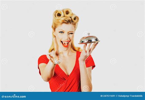 Pinup Girl With Service Tray Serving Presentation Concept Restaurant