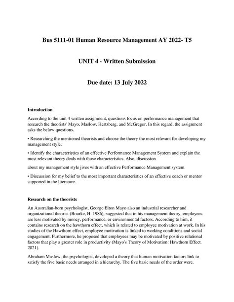 HRM Unit 4 Written Submission Bus 5111 01 Human Resource Management