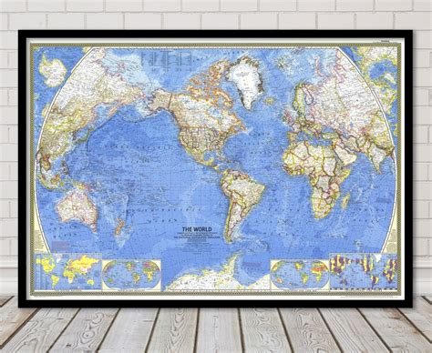 National Geographic Vintage 1965 World Map Fine Art Reproduction Old Map Print vintage Wall Map ...