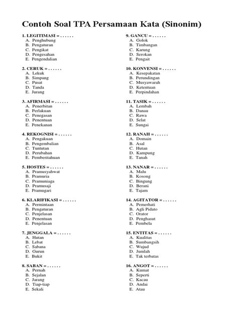 Soal Tpa Padanan Kata Sinonim Pdf