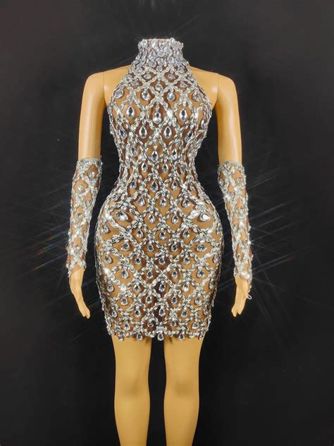Sparkly Nude Sliver Crystals Women Birthday Dress Mesh Celebrate Nightclub Prom Party Drag Queen
