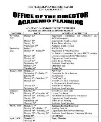 Federal Polytechnic Bauchi Academic Calendar For 2022 2023 2023 2024