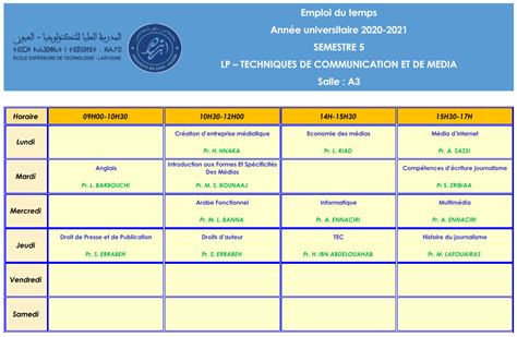 Emplois Du Temps Licence Professionnelle Semestre 5 Année Universitaire 2020 2021 Est Laâyoune