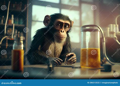 Illustration of a Curious Monkey Conducting a Laboratory Experiment. Monkey Doing Experiments in ...