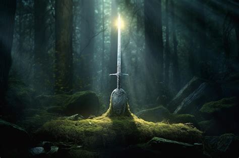 Premium AI Image Excalibur Sword In The Stone With Light Rays In A Dark