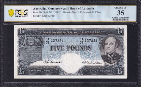 Australia 1954 Five Pound Coombs Wilson Pcgs 35 Choice Very Fine