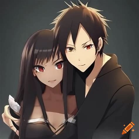 Izaya Orihara From Durarara Hugging A Woman With Long Curly Dark Brown Hair In A Black Dress On