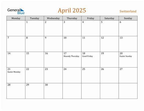 Free April 2025 Switzerland Calendar