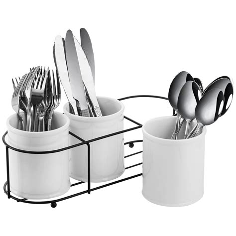 Bekith 3 Piece Ceramic Silverware Caddy With Metal Rack Utensil Holder