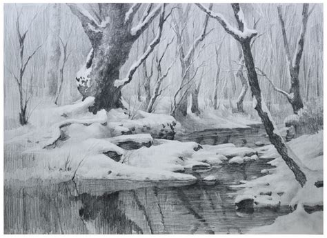 겨울 숲 눈 쌓인 계곡을 거닐다 How to Draw A Winter Landscape in Pencil 그림 풍경