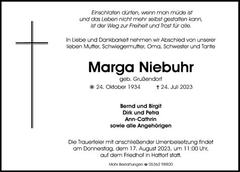 Traueranzeigen Von Marga Niebuhr Trauer Anzeigen De