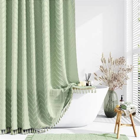 Dynamene Boho Farmhouse Shower Curtain Sage Green Fabric Tufted Chevron Striped