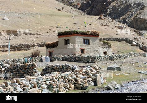 A traditional flat-roofed house in the village of Rangdum in Zanskar .. Wood for fuel and hay ...