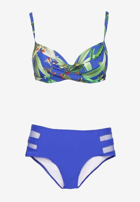 Niebieskie Bikini Biustonosz w Liście i Majtki Figi z Siateczkowymi Wstawkami Kinalea Renee