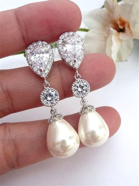 Wedding Earrings Bridal Earring Ivory Teardrop Pearl Round Cz Etsy