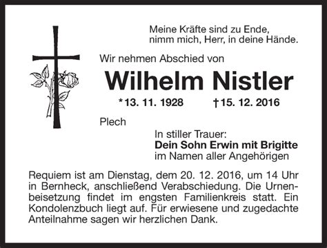 Traueranzeigen Von Wilhelm Nistler Nordbayerischer Kurier