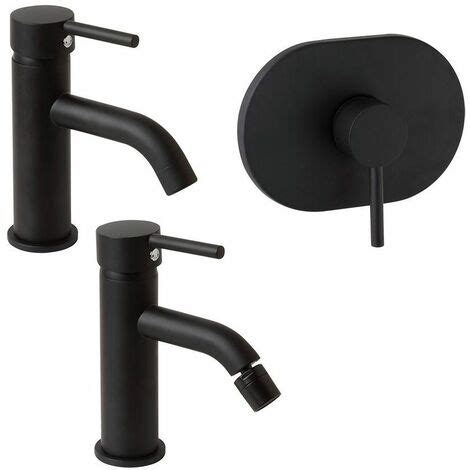 Set 3 Mezcladores Lavabo Bidé Y Ducha Empotrados Negro Mate Fassa