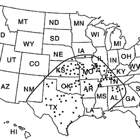 Geographical distribution of the brown recluse spider (Loxosceles ...