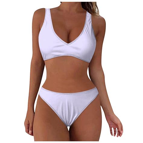 Gyujnb Women Swimsuit Bikini Set Two Piece Ribbed Texture Side Cute