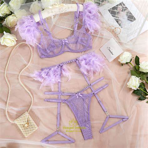 Purple Feather Lingerie Lace Bra With Chain Sets Garters Erotic Costumes Transparent Piece