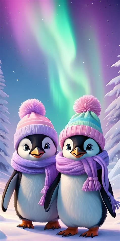 Penguin Couple Wallpaper, Aurora, Winter - MyWallpapers.in