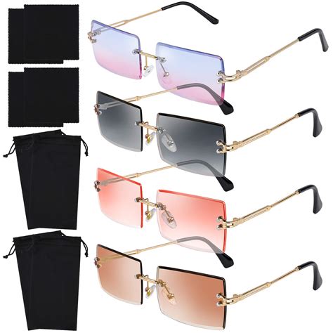 Buy 4 Pack Rimless Rectangle Sunglasses Vintage Rimless Eyewear Retro Sunglasses Metal Frame