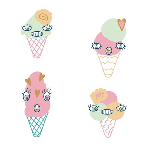 Surprised faces ice cream cone characters with various cookies clipart