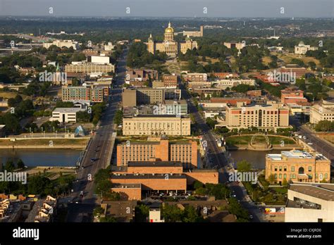 Aerial View Of Des Moines Downtown Buildings Des Moines River And