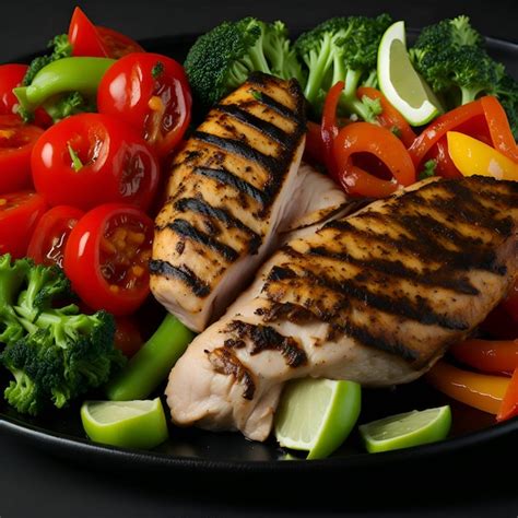 Premium AI Image Grilled Chicken Fillet And Vegetables On Black