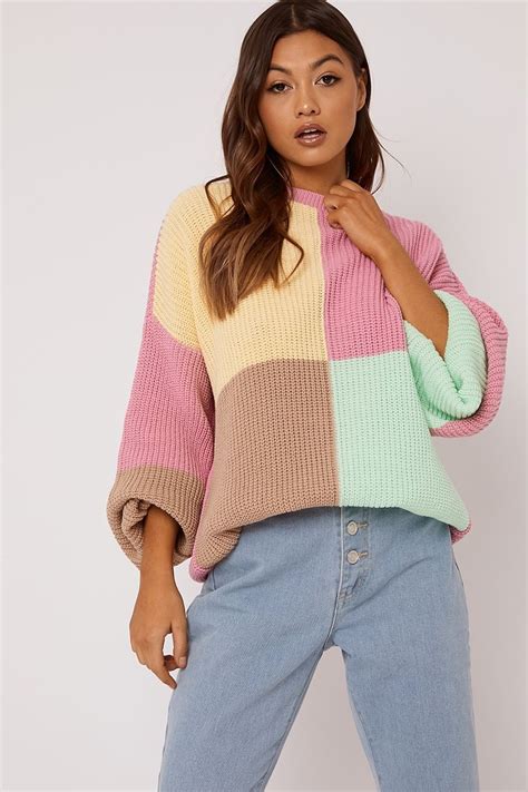 Pink Colour Block Oversized Knitted Jumper Oversized Knitted Jumper