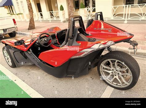 Miami Beach Florida USA April 15 2021 Red Polaris Slingshot Sl