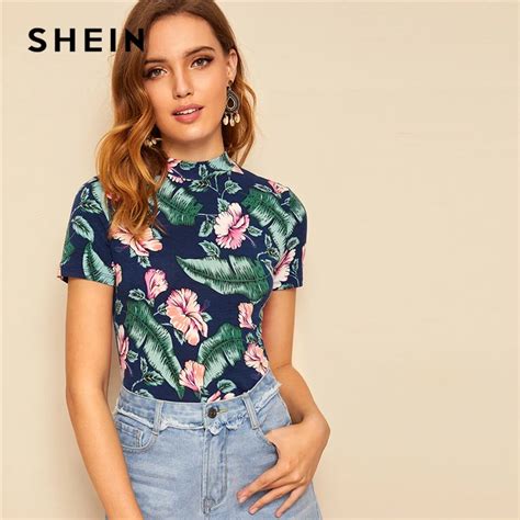 Shein Multicolor Mock Neck Tropical Print Tee Casual T Shirt Women 2019