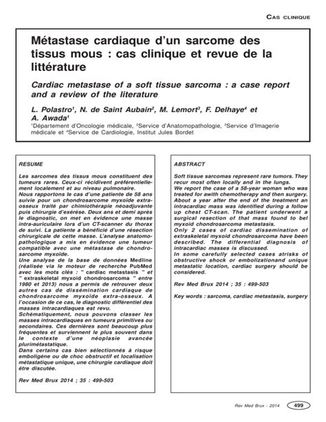 M Tastase Cardiaque D Un Sarcome Des Tissus Mous Cas Clinique Et