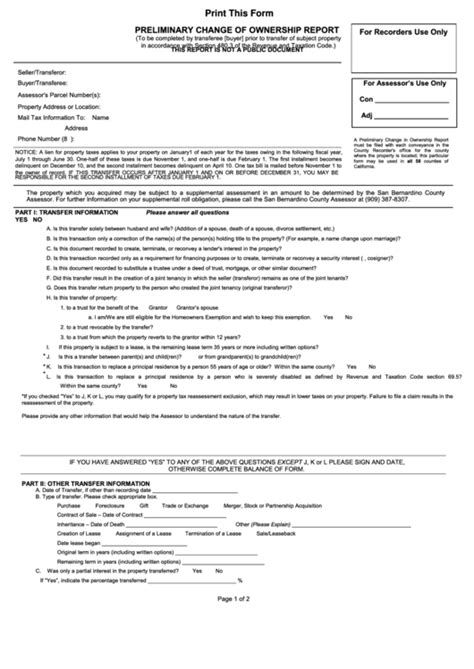 Preliminary Change Of Ownership Report Fillable Form Printable Forms