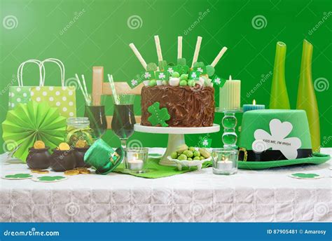 St Patricks Day Party Table With Chocolate Cake Stock Image Image Of