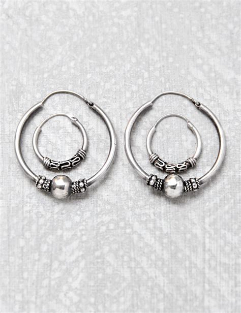 2 Pr Vintage Bali Hoop Earrings Sterling Silver Balinese Tube Hoops With Wire Bead Ball Accents