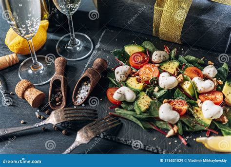 Romantic Veggie Dinner For Two On Valentines Day With Champagne And