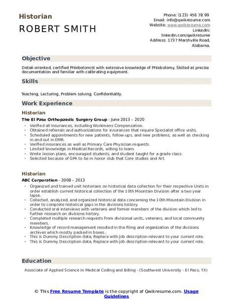 Historian Resume Samples | QwikResume