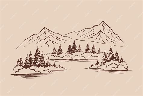 Premium Vector Mountain With Pine Trees And Lake Landscape Hand Drawn