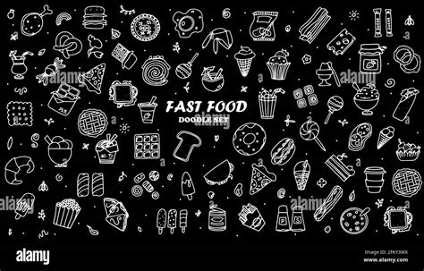 Doodle Food Set Of 50 Various Fast Food Products Hand Drawn Sweets