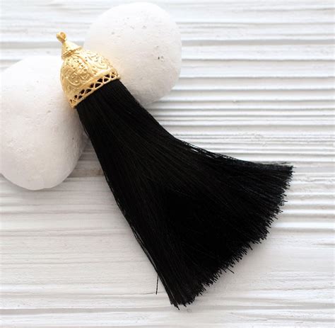 Extra Large Black Silk Tassel With Rustic Gold Tassel Cap Thick Silk Tassel Gold Cap Tassel