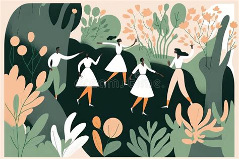 Minimalist Illustration Of People Dancing In The Park With A View Of