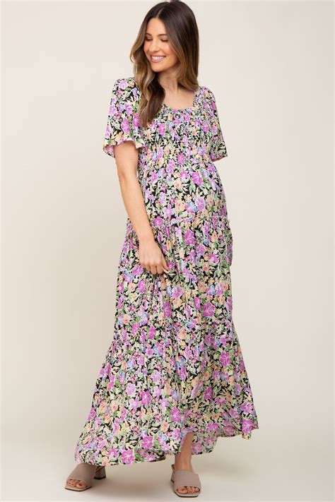 Black Floral Smocked Ruffle Tier Maternity Maxi Dress Pinkblush