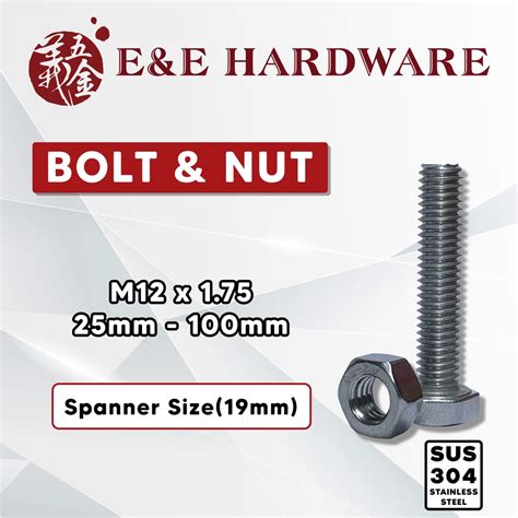 STAINLESS STEEL M12 BOLT AND NUT SCREW AND NUT SKRU BOLT NUT