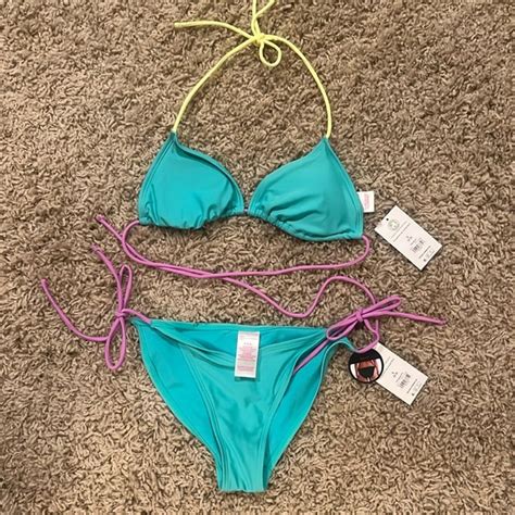 No Boundaries Swim No Boundaries Teal String Bikini With Yellow And Purple Strings Small Nwt