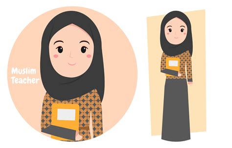 Muslim Teacher In Hijab With Cute Cartoon Character Illustration Wearing Batik Costume And Book