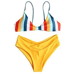 Zaful ZAFUL Women S Striped High Leg Cami Bikini Set Bright Yellow M