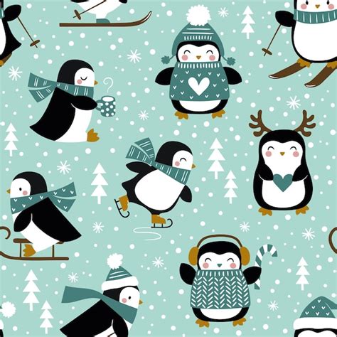 Premium Vector Seamless Vector Pattern With Cute Penguins And Snowflakes