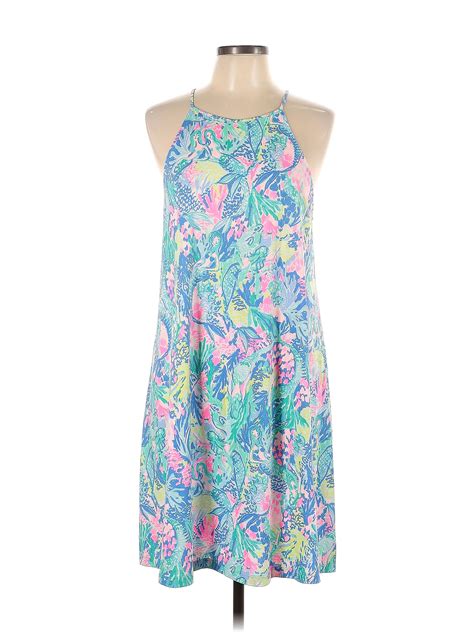 Lilly Pulitzer 100 Cotton Multi Color Blue Casual Dress Size L 59