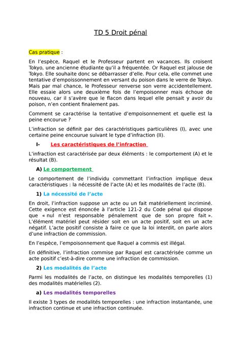 TD 5 Droit pénal cas pratique corrigé TD 5 Droit pénal Cas pratique